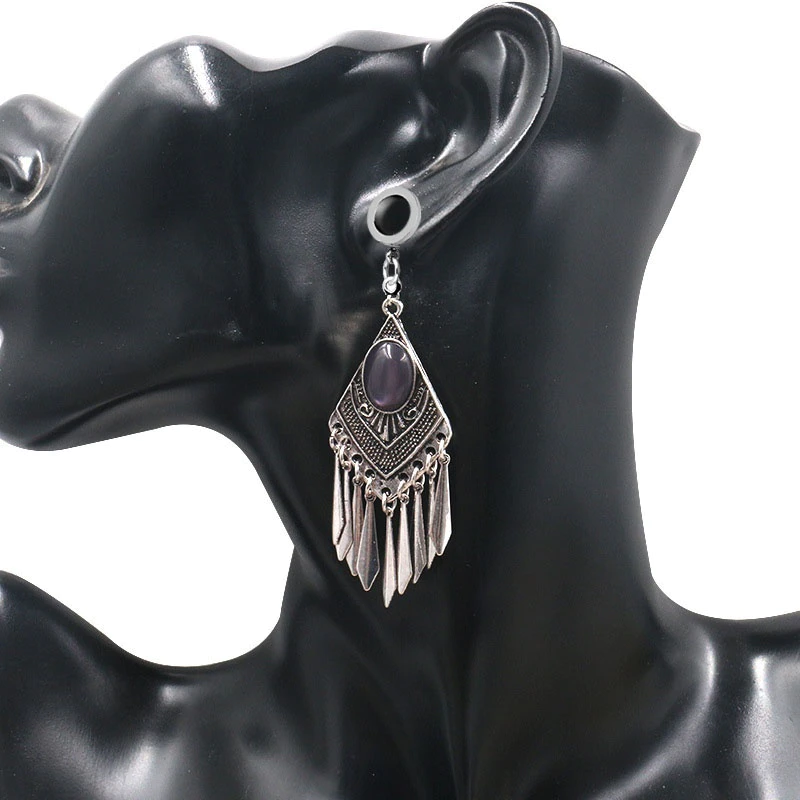 Elegant vintage stainless steel earrings with purple stone, stylish gothic design for women's aesthetic jewelry.