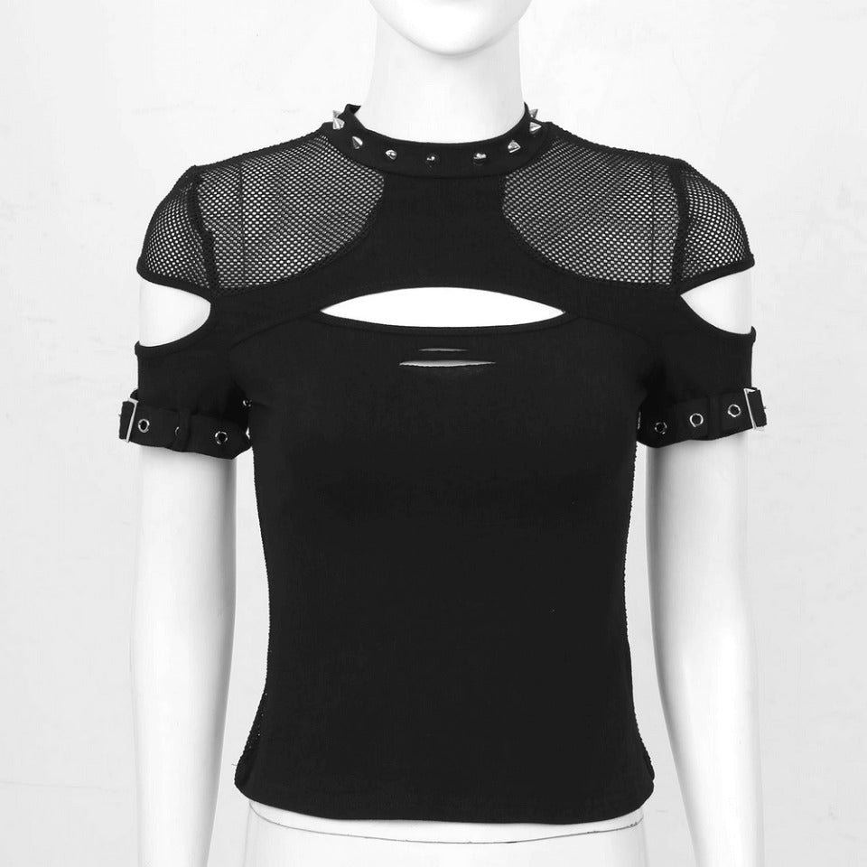 Goth Elegant Transparent T-shirt for Women / Fashion Black Mesh T-shirts with Spikes