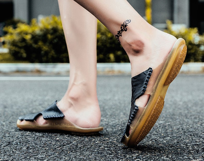 Rock Style leather non-slip slippers for men, perfect for warm seasons and alternative fashion enthusiasts.