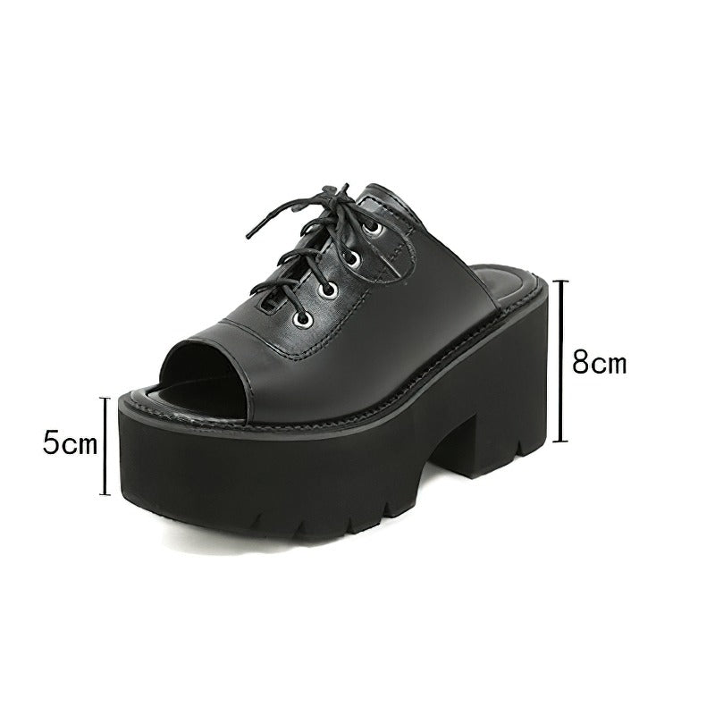 Stylish black open toe mules sandals for women with lace-up design and platform soles, perfect for gothic fashion.