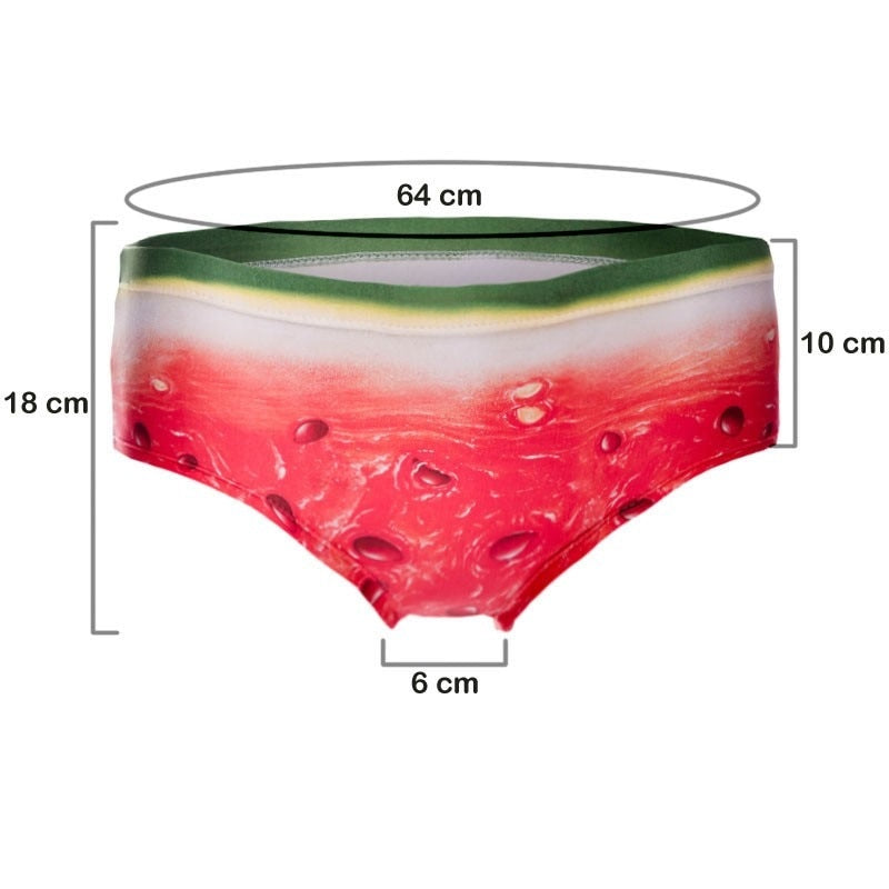 Colorful watermelon print women's underwear with size measurements displayed.