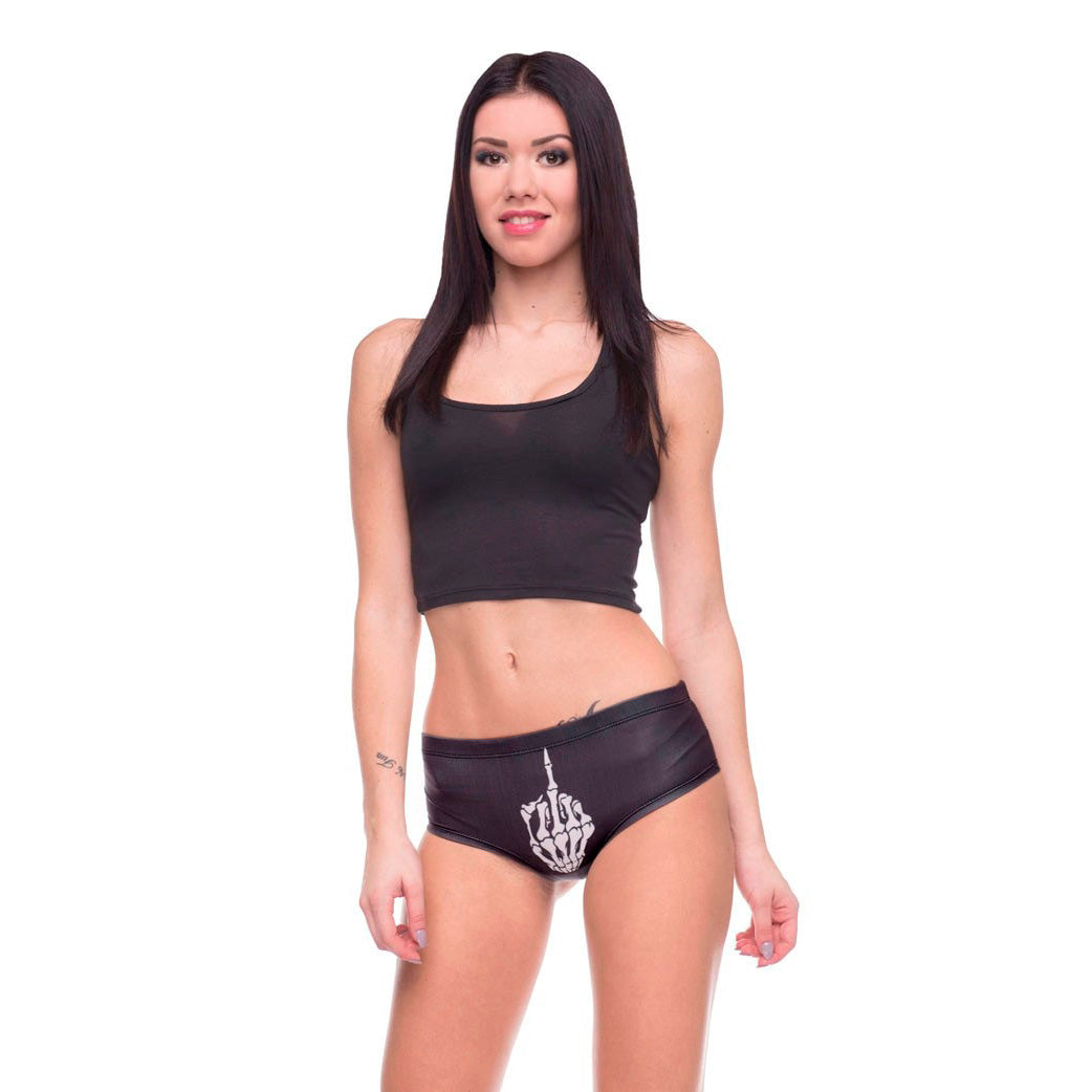 3D black skull print women's underwear in gothic style on model, showcasing rocker chic clothing.