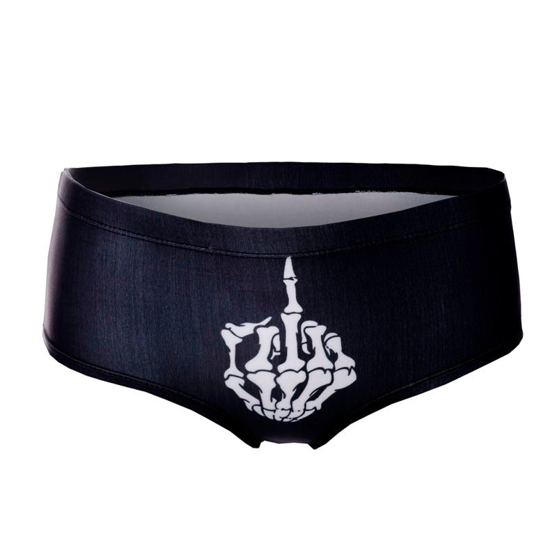 3D black skull print women's underwear featuring a skeleton hand in gothic rock style.