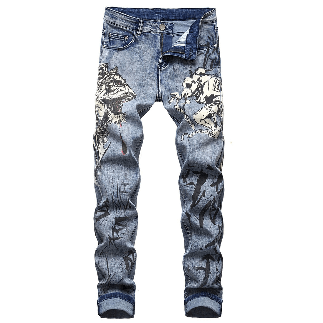 3D Pattern Denim Pants in Alternative Style / Punk Zipper Straight Male Jeans