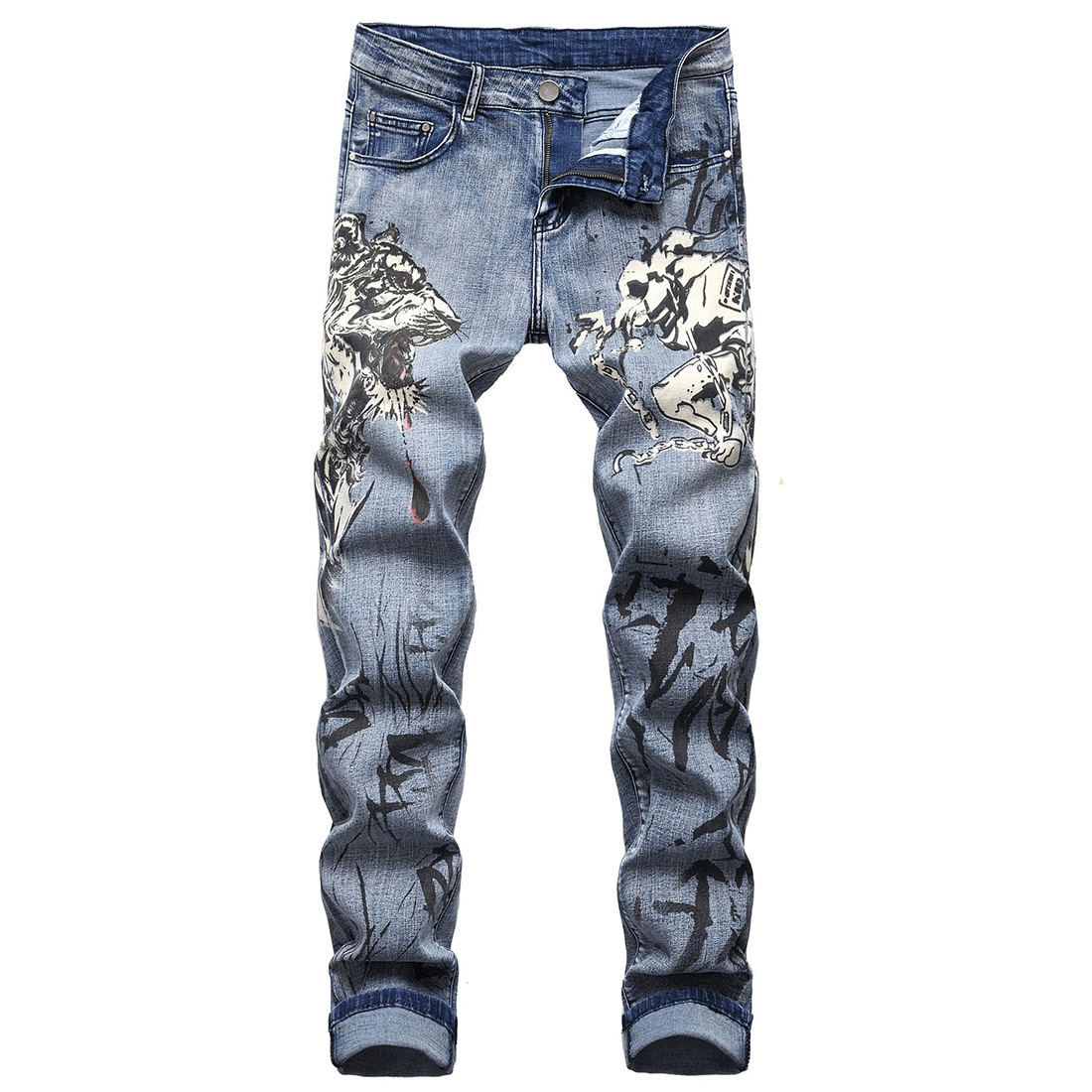 Men's 3D pattern denim pants with punk style graphics and zipper detail, perfect for a trendy wardrobe.