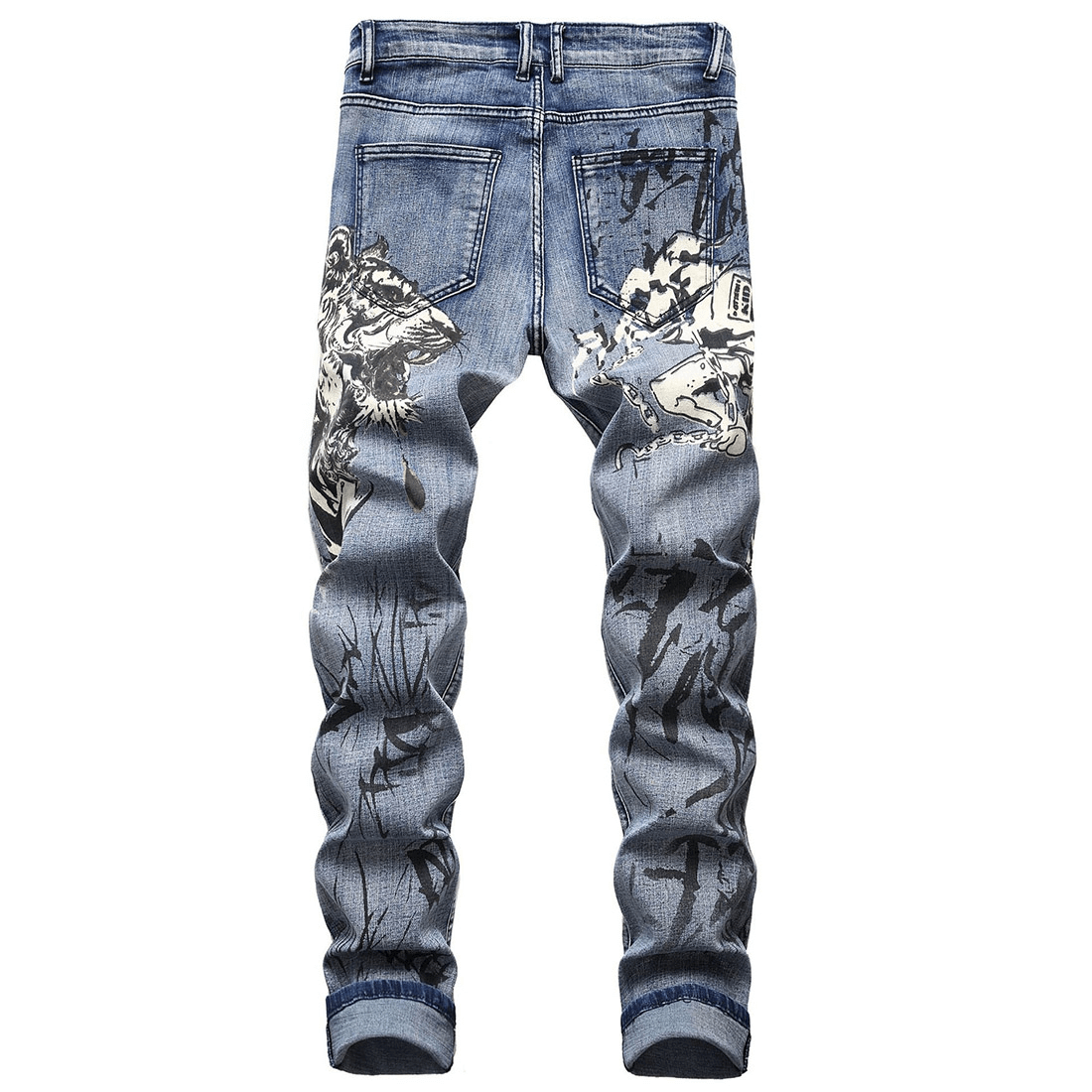 Stylish men's 3D pattern denim pants with punk design and bold graphics, perfect for a trendy wardrobe upgrade.