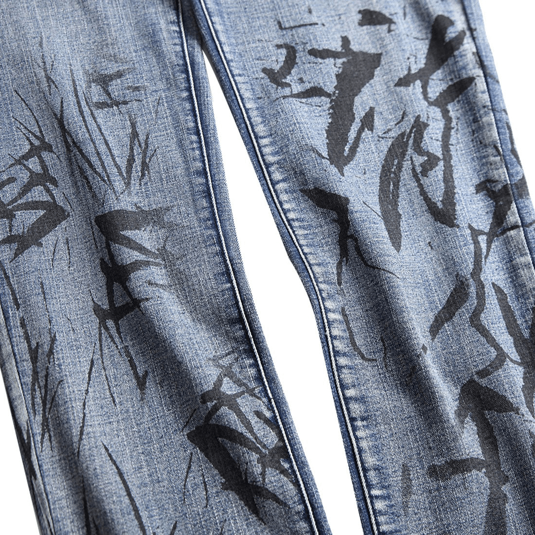 Stylish 3D pattern denim pants showcasing a punk design with bold prints and a classic blue finish.