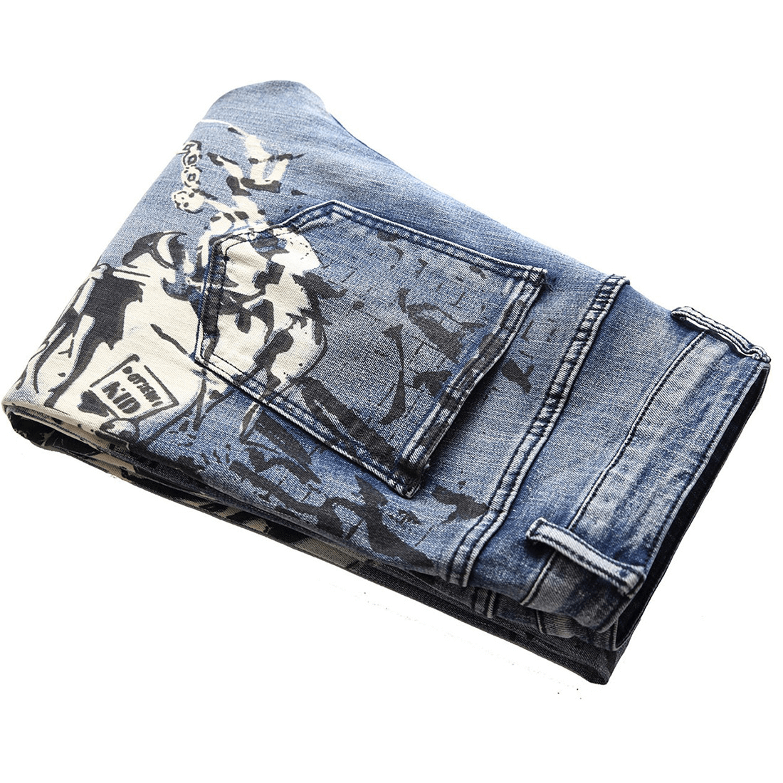 Folded 3D pattern denim pants with punk style print, showcasing unique design and quality fabric.