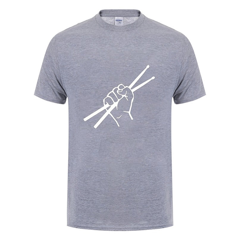 Cool gray t-shirt featuring a hand gripping drumsticks, perfect for music lovers and drummers.