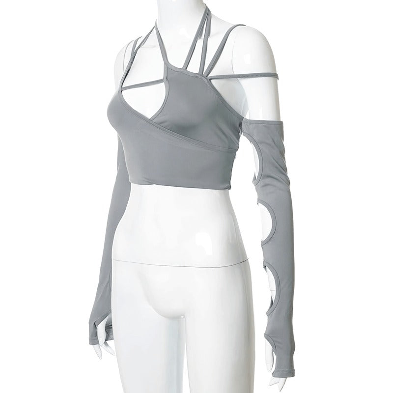 Gray asymmetrical cut-out long sleeve crop top for women, stylish alternative fashion choice.
