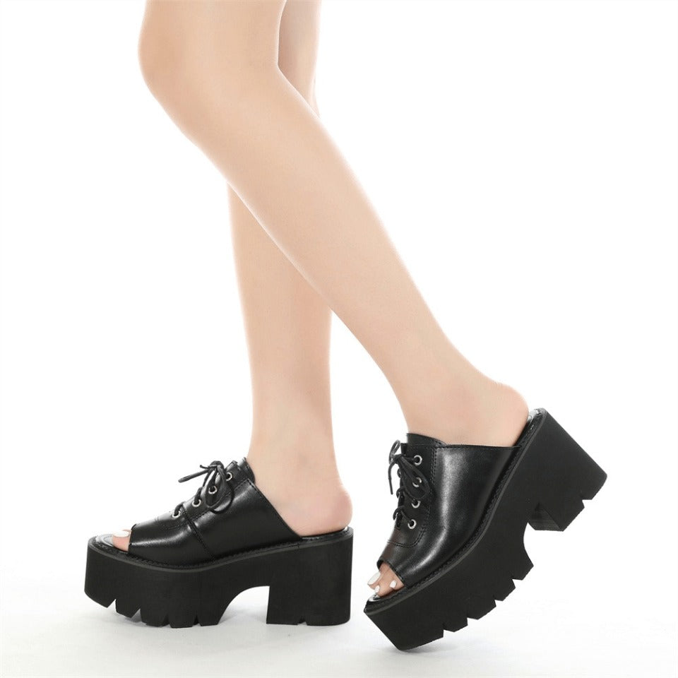 Stylish open toe black mules sandals for women with platform soles and lace-up design, perfect for a gothic look.