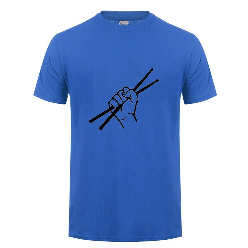 Blue drummer t-shirt featuring a hand gripping drumsticks, perfect for music lovers and rock fans.