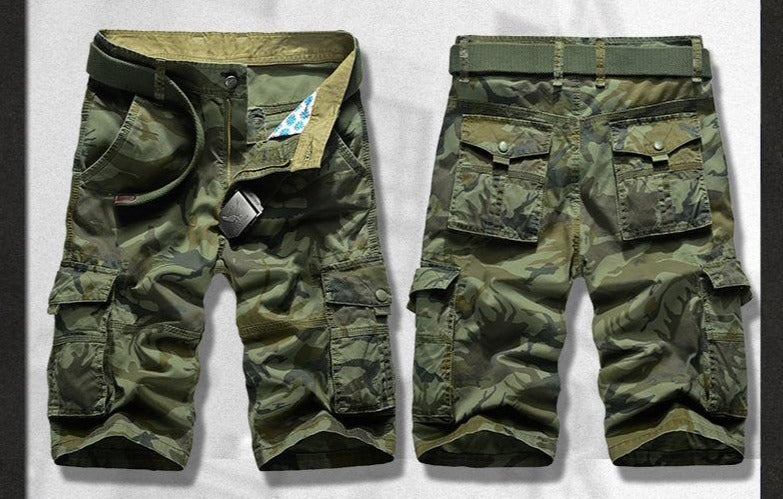Cool military shorts for men in urban style, featuring a loose fit and practical pockets, perfect for concerts and everyday wear.