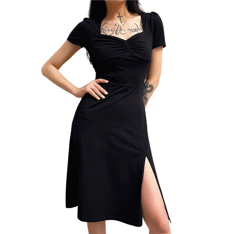 Elegant women's black dress with square neckline and side split, perfect for gothic and casual styles.