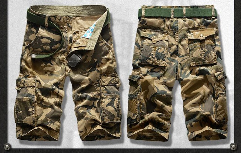 Stylish camo military shorts for men with pockets, perfect for urban punk fashion and comfortable all-day wear.