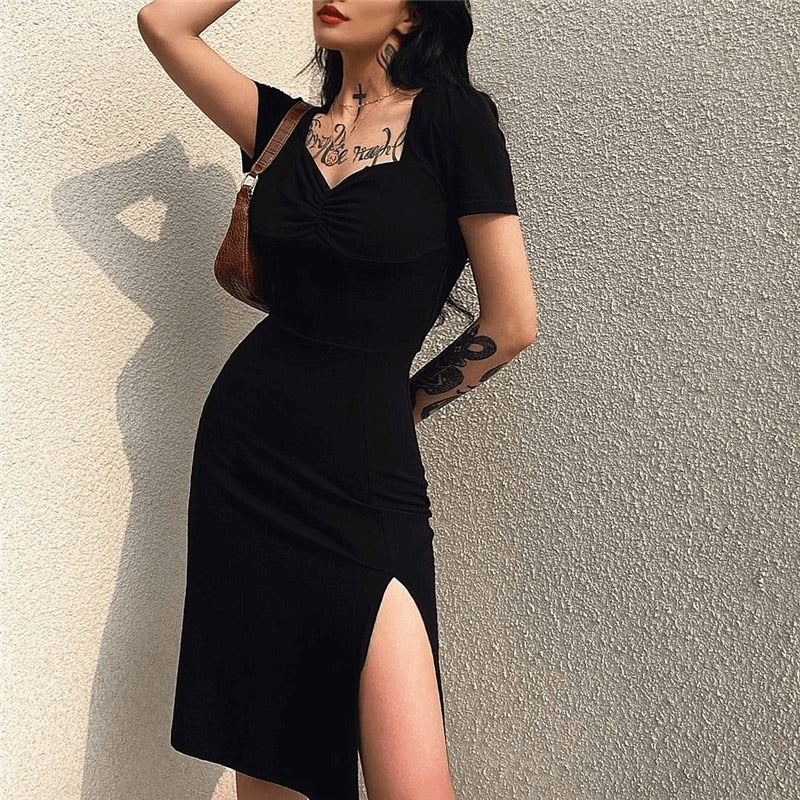 Elegant women's black dress with square neck and side split, perfect for gothic style and casual outings.