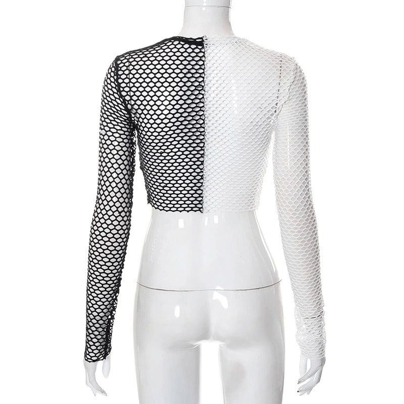 Sexy Women's Black and White Top / See Through Female Long Sleeves Crop Tops in Grunge Style
