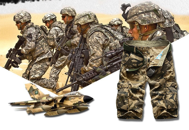 Rock style military shorts for men, urban fashion, featuring camouflage design and practical pockets.