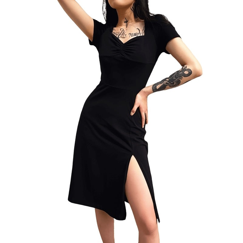Stylish women's black dress with square neck and side split, perfect for casual gothic chic outfits.