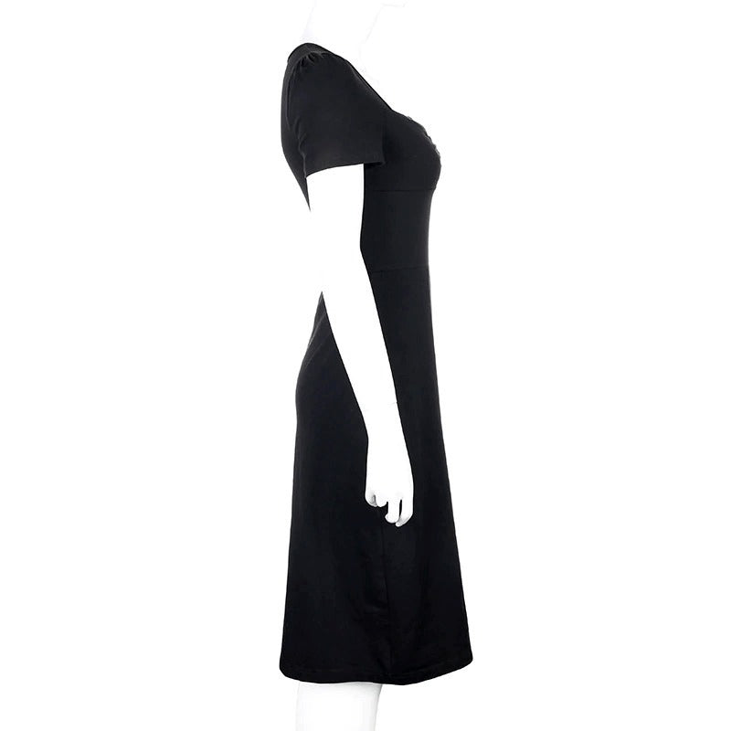 Square Neck Elegant Black Dress / Side Split Short Sleeves Casual Dress / Female Gothic Dresses