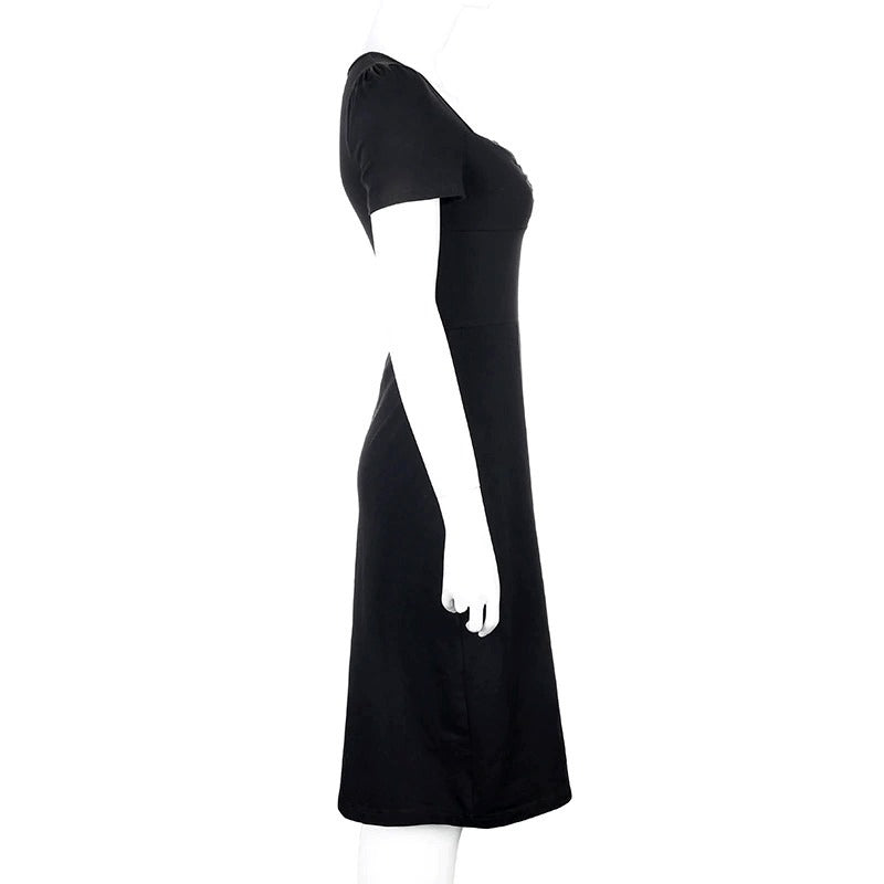 Side view of an elegant square neck black dress with short sleeves, perfect for casual gothic style.