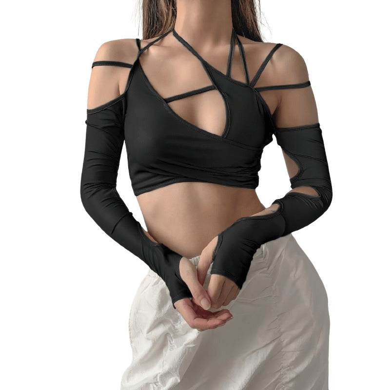 Stylish women's black cut-out long sleeve crop top with asymmetrical design and unique strap details.