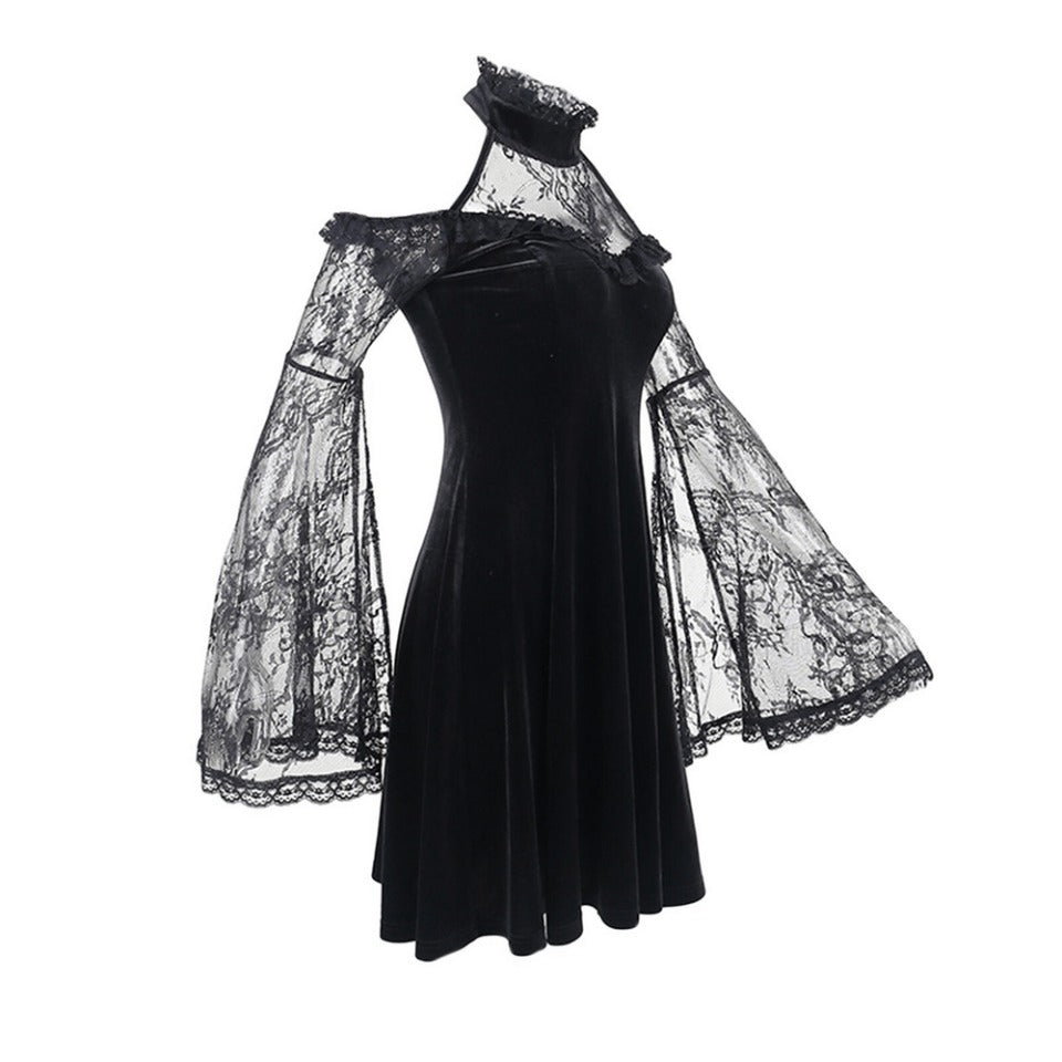 Gothic Women's Velvet Mesh Patchwork Halter Dress / Black Vintage Flare Sleeves Dress