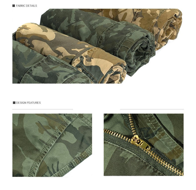 Detailed view of rolled military shorts showcasing fabric patterns and zippers for style and comfort.