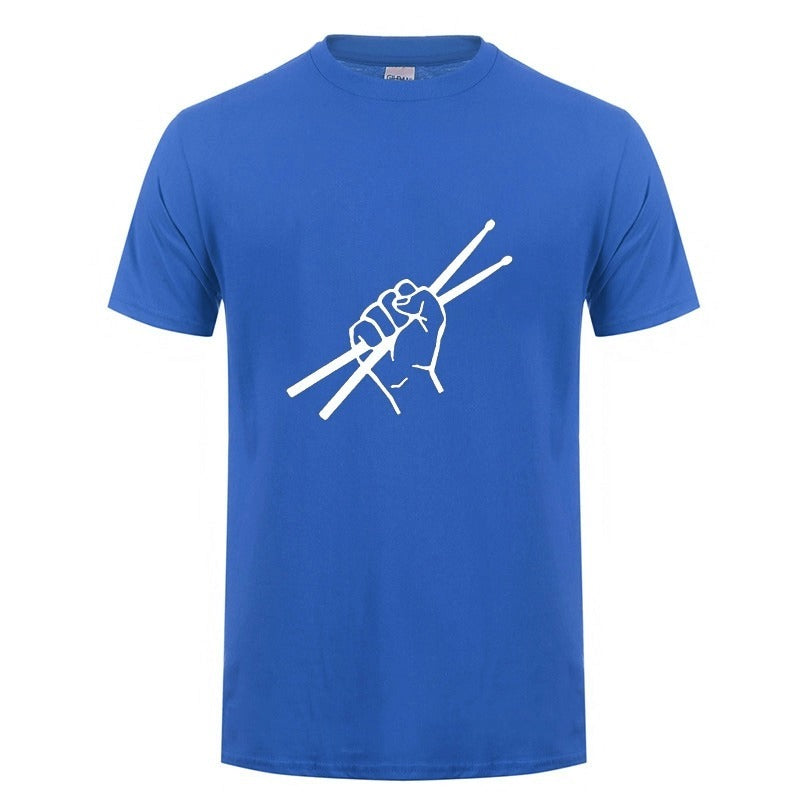 Men's blue drummer t-shirt featuring a stylish hand holding drumsticks design for music lovers.