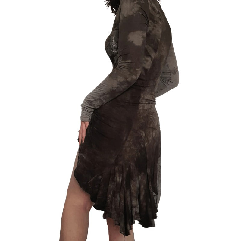 Vintage Asymmetrical Brown Bodycon Dress for Women / Grunge Style Long Sleeves Dress