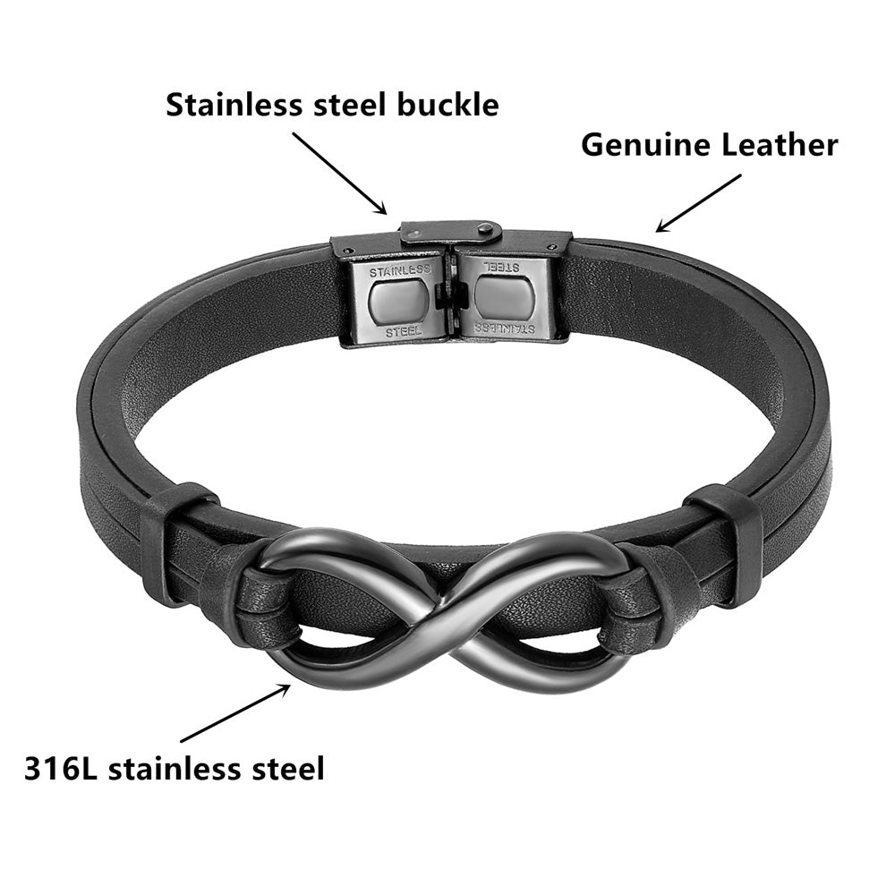 Infinity logo men's bracelet made of genuine leather with stainless steel buckle, showcasing vintage style and durability.