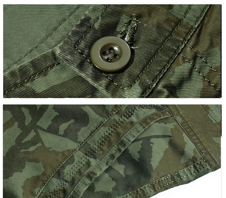 Close-up of military shorts fabric, highlighting button detail and camouflage pattern for urban style.