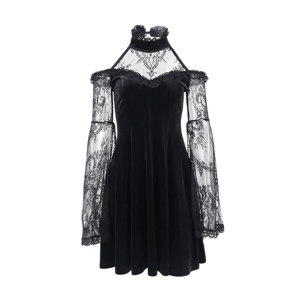 Gothic Women's Velvet Mesh Patchwork Halter Dress / Black Vintage Flare Sleeves Dress
