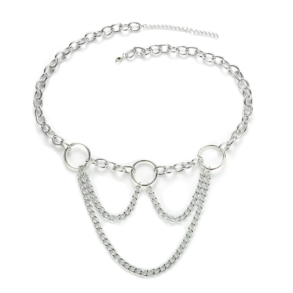 90s metal chain belt with three rings, perfect body jewelry accessory for women to elevate any outfit.