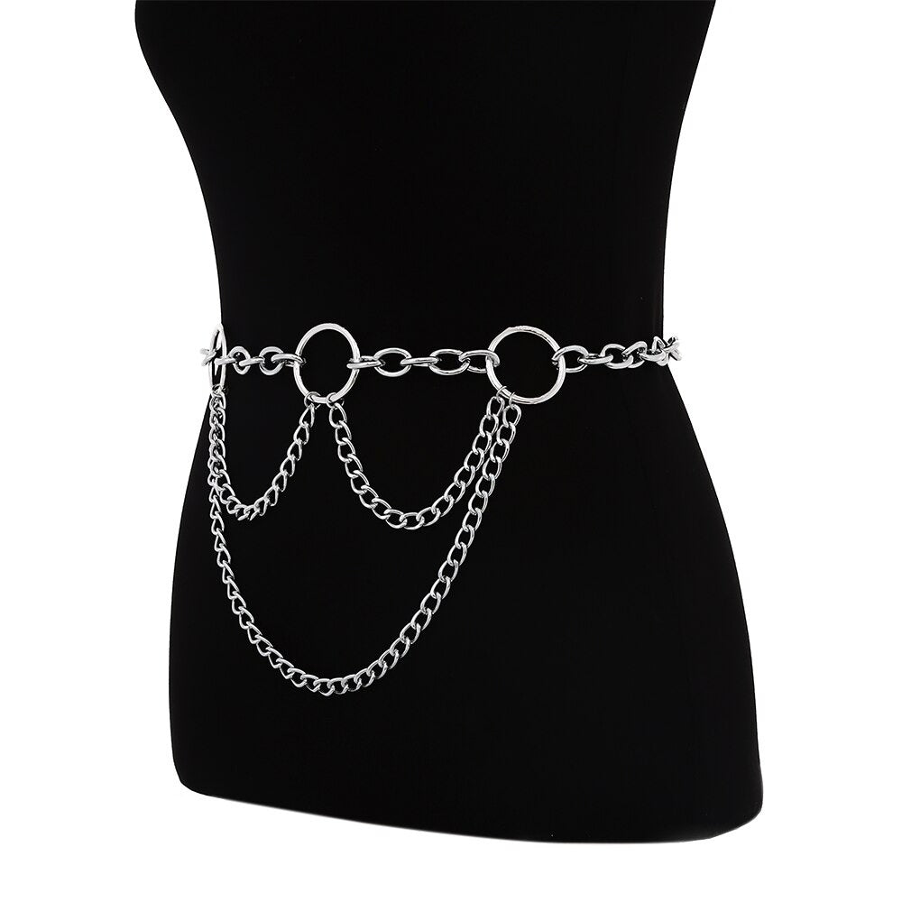 90s metal chain belt displayed on a mannequin, featuring silver chains and rings for a stylish statement look.
