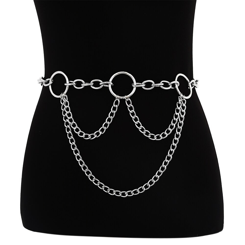 90s metal chain belt for women featuring three rings and elegant chains, perfect accessory for pants, shorts, and dresses.