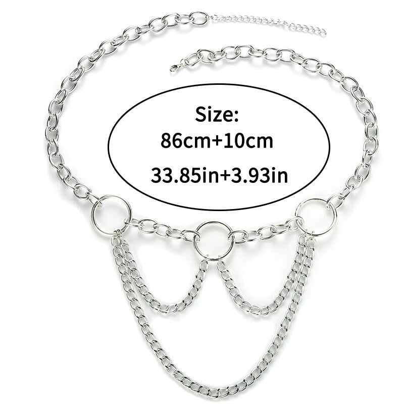 90s metal chain belt with three rings, perfect body jewelry for women, size 86cm+10cm, ideal for stylish outfits.