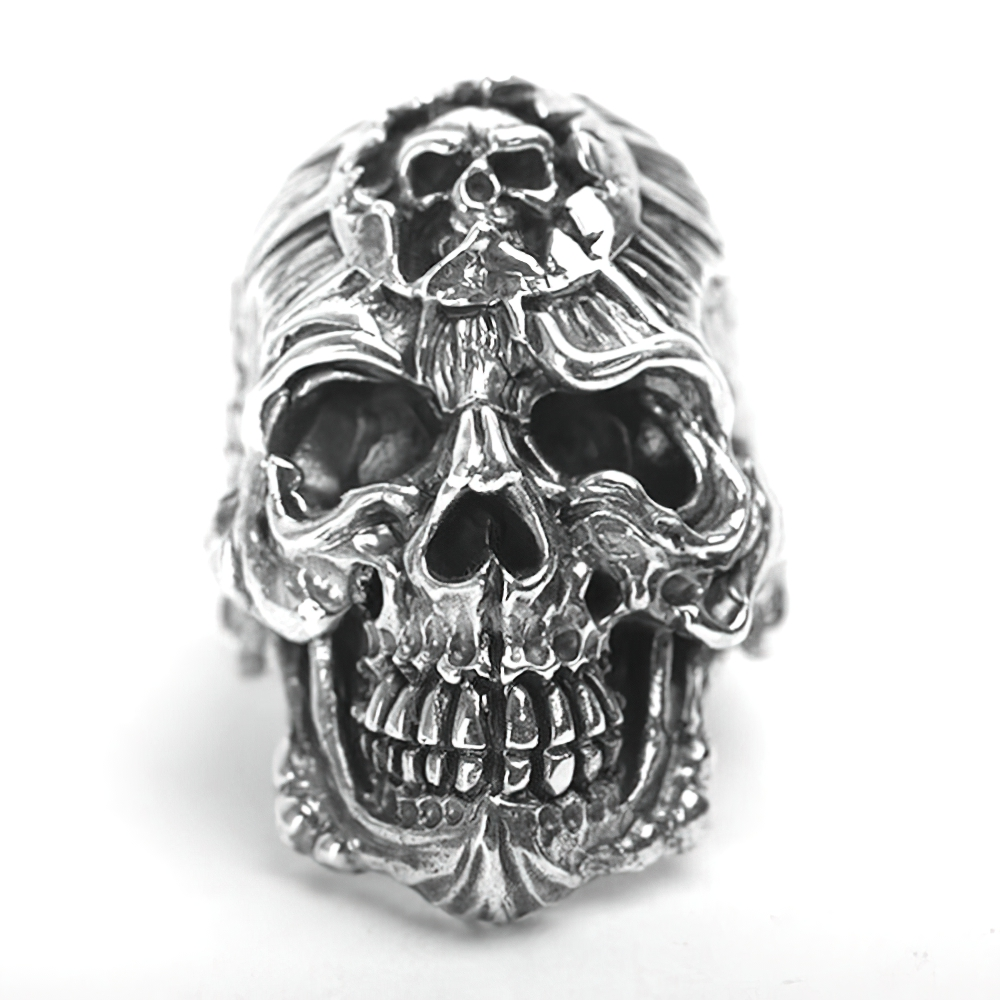 925 sterling silver vintage biker devil skull ring with intricate Gothic details, perfect for rock-style outfits.