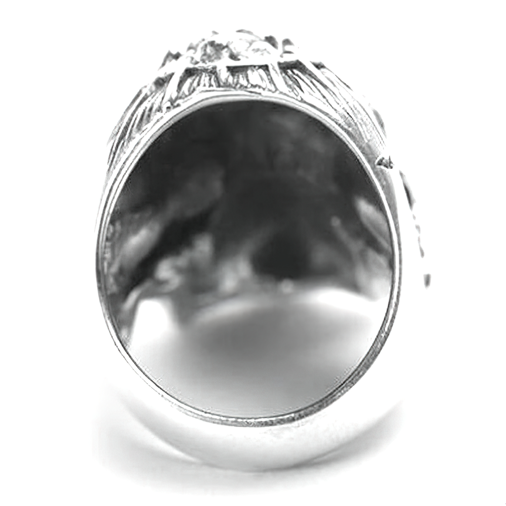 Inside view of a 925 sterling silver devil skull ring showcasing vintage Gothic design details.