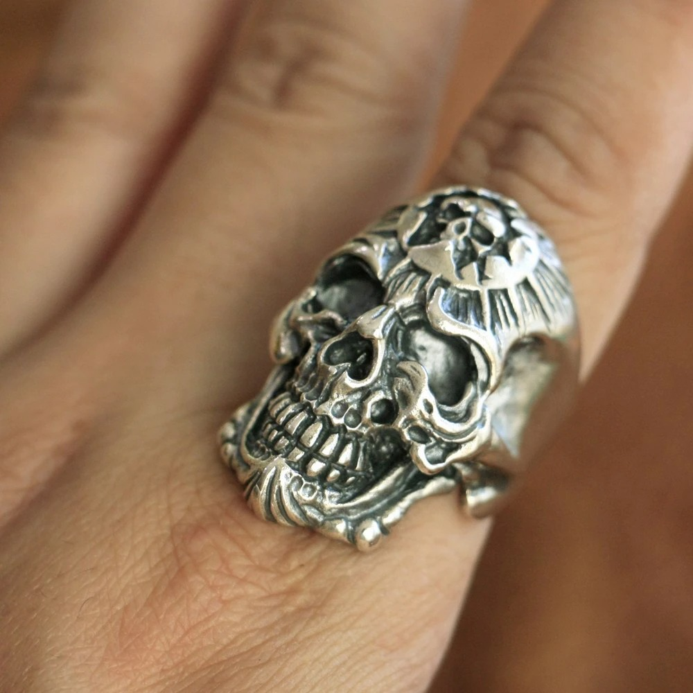 925 sterling silver devil skull ring displayed on a finger, showcasing a gothic biker style for a unique rock outfit.