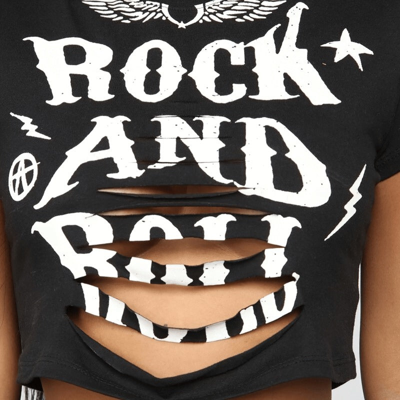 Sexy Women's Crop Top with Tore Strips / Female Short T-Shirts with 'Rock and Roll' Print