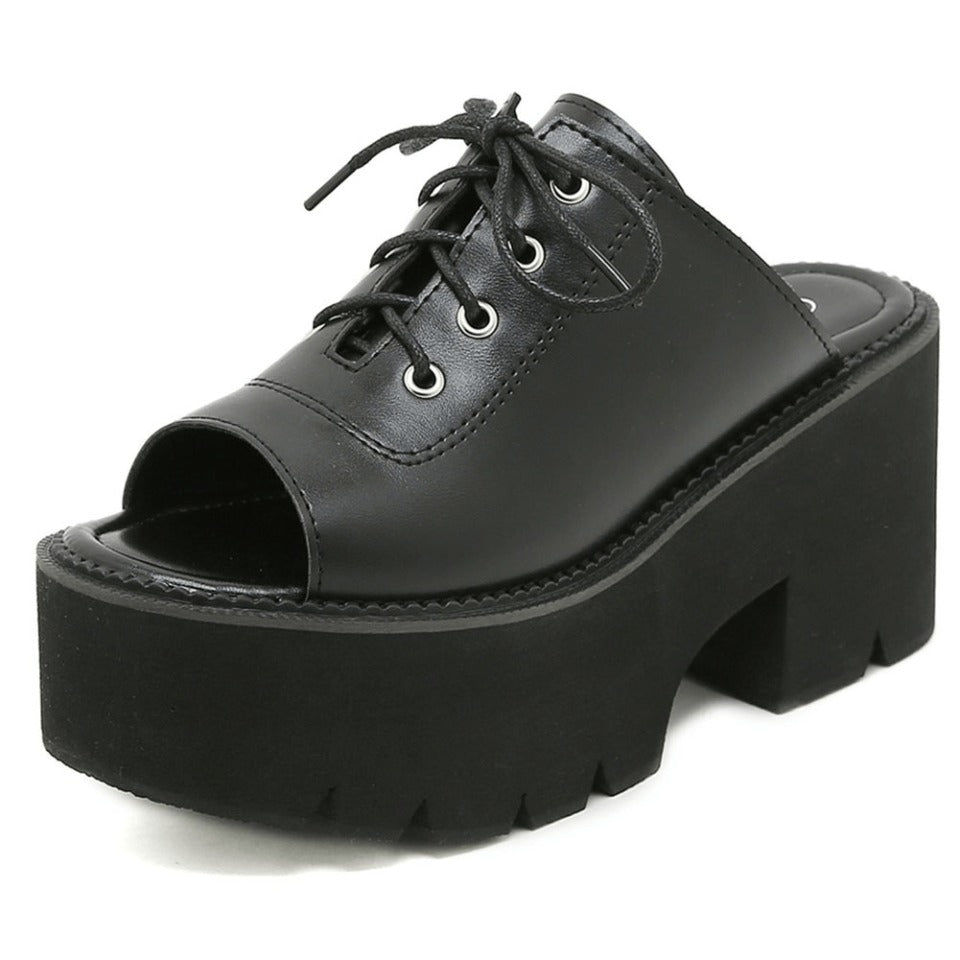 Stylish black open toe mules sandals for women, featuring PU leather and platform design, perfect for gothic fashion.