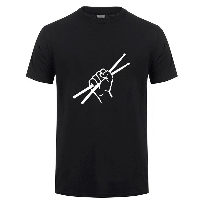 Men's black cotton t-shirt featuring a drummer's fist holding drumsticks, perfect for rock music lovers.