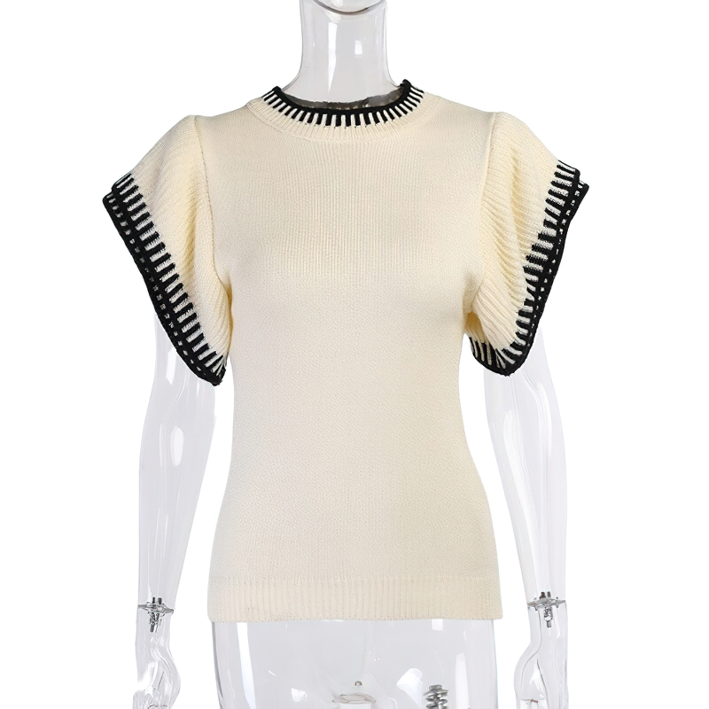 Stylish women's knitted O-neck short top with trendy sleeves in cream and black accents, perfect for casual streetwear.