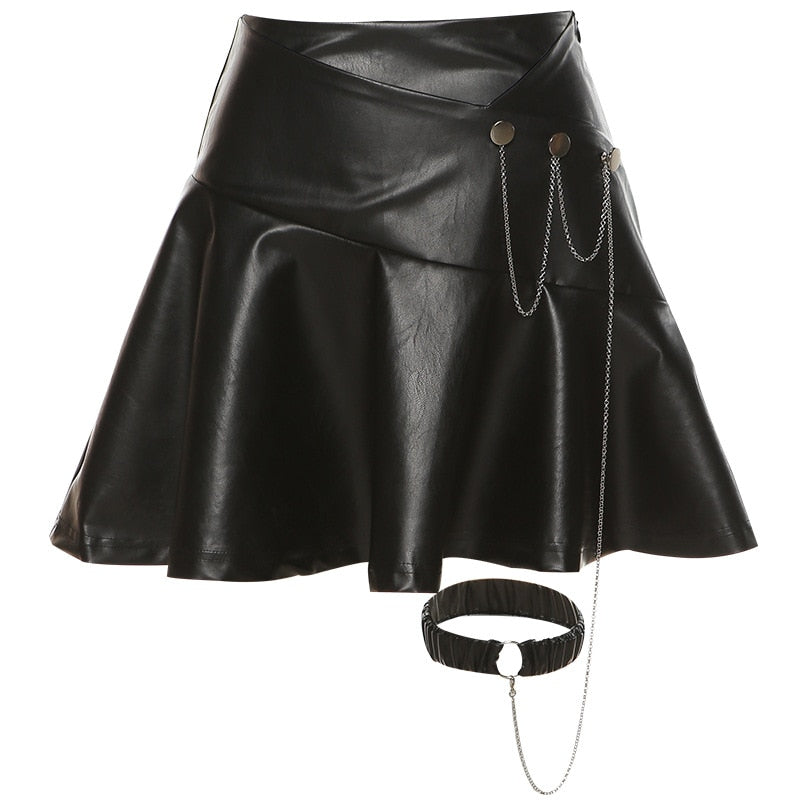 A-line Faux Leather Mini Skirt with Leg Garter on Metal Chain / Women's Punk Rock Black Clothing - HARD'N'HEAVY
