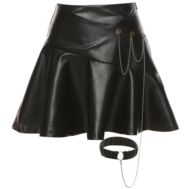 Women's punk rock black faux leather mini skirt with leg garter and metal chain, stylish and edgy fashion piece.