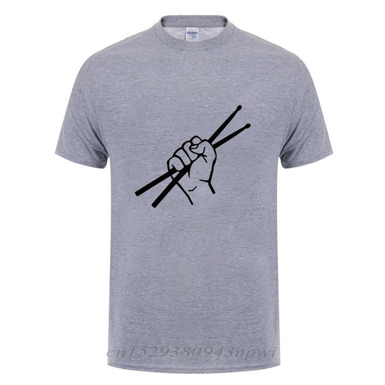 Men's grey drummer t-shirt featuring a graphic of a hand holding drumsticks, perfect for rock music fans.