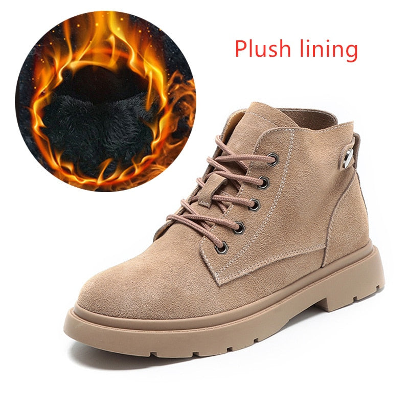 Ladies lace up fur suede ankle boots with plush lining for added warmth and comfort.