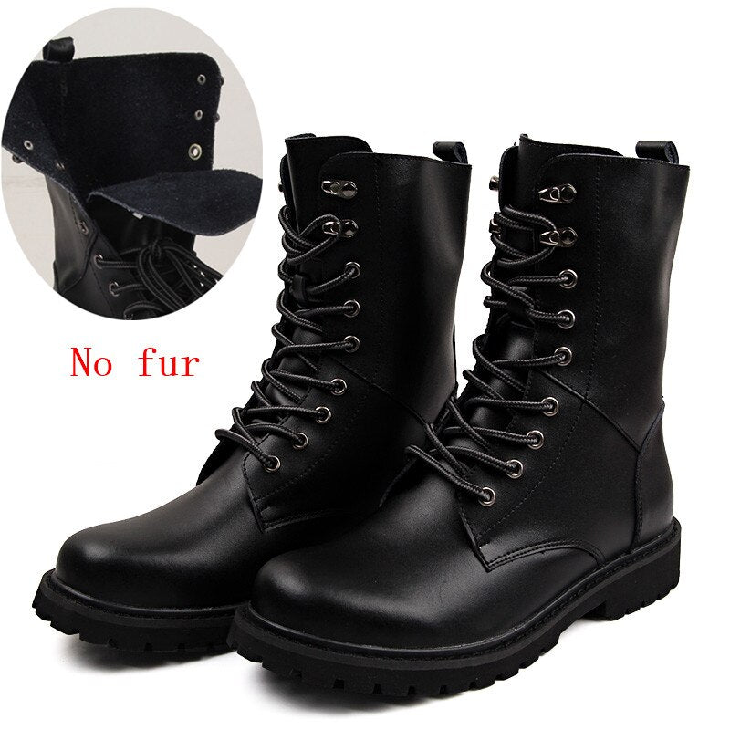 Men's black combat boots featuring a lace-up design and no fur lining for a sleek, tactical look.
