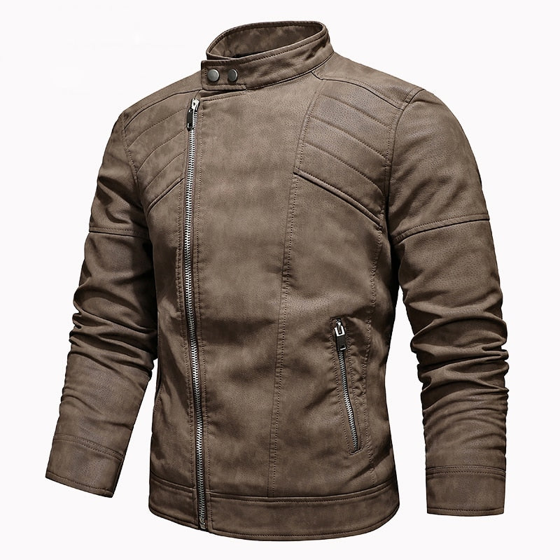 Stylish men's casual stand collar fleece jacket in soft faux leather for a trendy look.